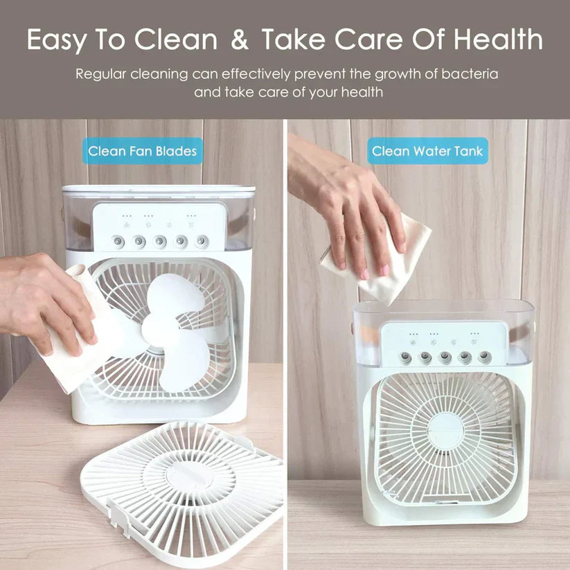 Adding water and ice cubes into personal air cooler humidifier