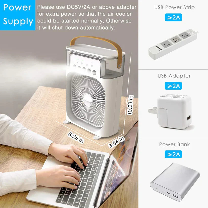 Portable air cooler fan with 3 speed and timer controls
